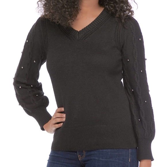 Crown & Ivy • Pearl Sleeve V-Neck Sweater - Picture 1 of 11